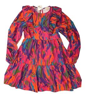 Peach Love California Abstract Print Ruffle Tiered Mini Dress Multi Small NEW